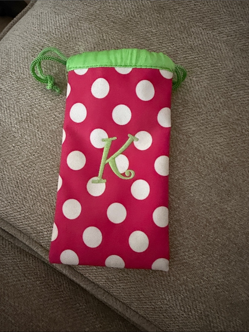 MonogrammedDrawstring Pouch - Pink Polka Dot with Green Trim